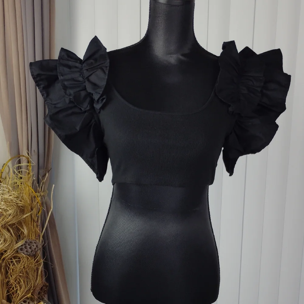 Zara Black Stretch Ruffled Sleeves Top. - Picture 1 of 14